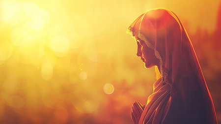 Virgin Mary, mother of Jesus Christ on sunny background, catholics church symbol of purity and graceの素材