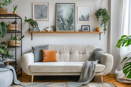 Interior fragment of a modern living room with a comfortable sofa, houseplants and shelvesの素材