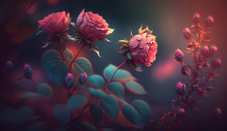 Beautiful floral background with soft pastel roses in shades of blue and pink, copy spaceの素材