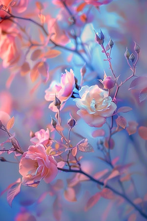 Subtle floral background with soft pastel roses in shades of blue and pink, verticalの素材