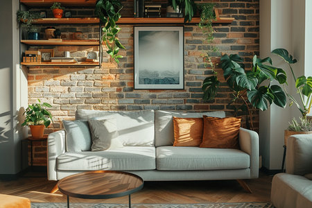Interior fragment of a modern living room with a comfortable sofa, houseplants and shelvesの素材