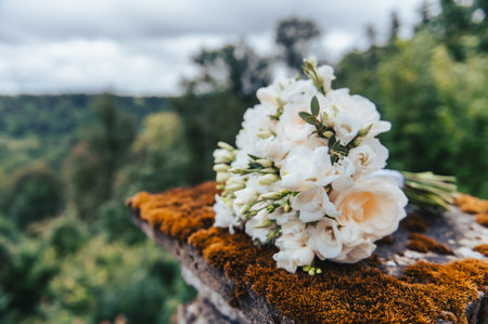 Elegant white wedding bouquet resting on stone edge with distant forest view in Latvia.の写真素材