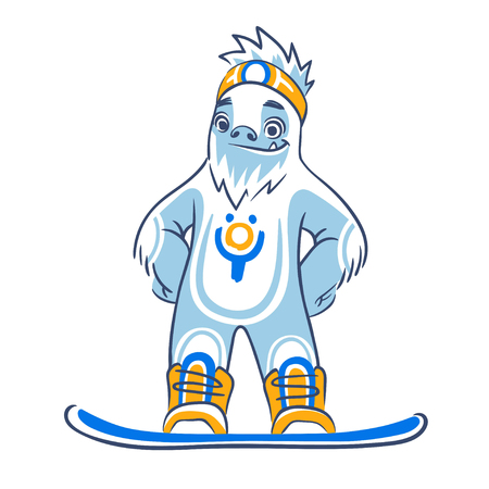 Fanny cartoon yeti isolated, cute bigfoot with snowboard vector illustration.のイラスト素材