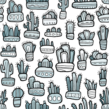 Hand drawn funny flat cactuses in decorative pots seamless pattern. Hand painted sketch of fantasy cartoon multicolor succulents with black outline. Stickers set, ethnic style. Ink drawing.の写真素材