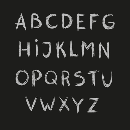 Drawn chalk alphabet, white letters set on black background, vector.のイラスト素材