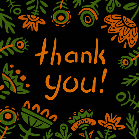 Thank you card. Doodle flowers square frame flat vector illustration. Fabulous plants on black background. Two color cartoon herbのイラスト素材