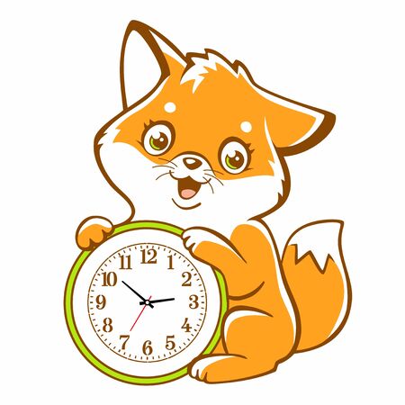 Watch in the form of an animal. A cute Fox cub holds a round dial, isolated vector color illustration.のイラスト素材