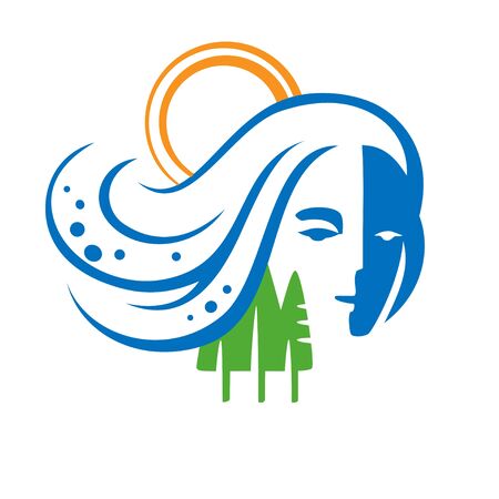 Image of nature in the form of a female face, vector. Element of water, air and earth, isolated sign.のイラスト素材