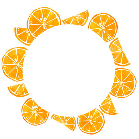 Orange fruit round frame for card. Watercolor hand drawn illustration.の写真素材