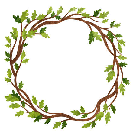 Floral oak wreath, watercolor greenery frame clipart stock illustration. Forest wedding decor.の写真素材