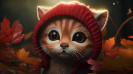 Cute kitten in a red hat on a background of autumn leavesの素材