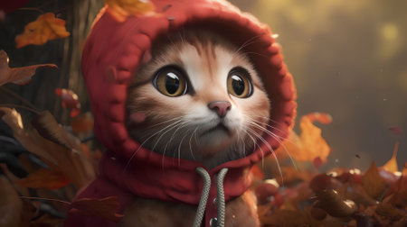 Cute cat in a red hat on a background of autumn leavesの素材