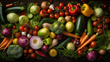 Variety of fresh organic vegetables on dark background. Top view.の素材