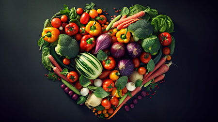 Healthy eating concept. Heart shape of fresh vegetables on black backgroundの素材