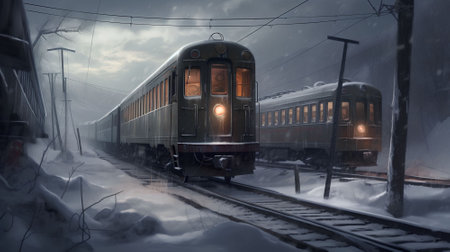 Train in the winter. Railway station in the snow. 3d renderingの素材