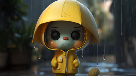 Sad boy in a raincoat and a yellow cap. 3d renderingの素材