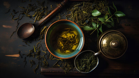 Green tea in a bowl on an old wooden table. Top viewの素材