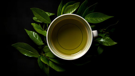 Green tea in a white cup with green leaves on a black backgroundの素材