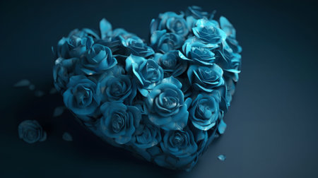 Heart shape of blue roses on a dark background. 3d renderingの素材