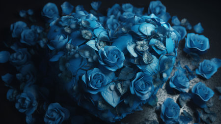 Wedding bouquet of blue roses on a dark background.の素材