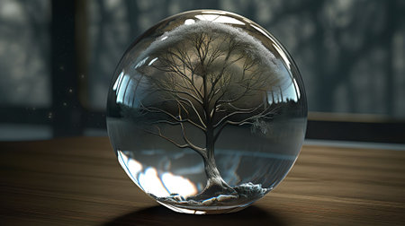 3D render of a crystal ball with a tree in the backgroundの素材