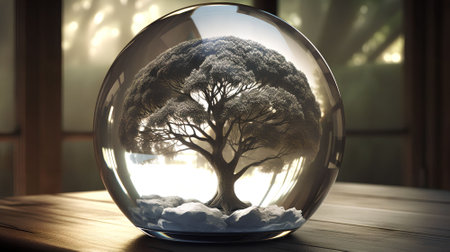 Tree inside a glass ball on a wooden table. 3d renderingの素材