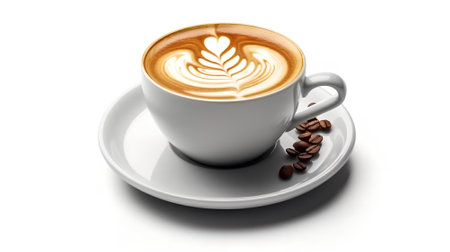 Cup of cappuccino with latte art on white backgroundの素材
