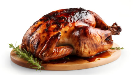 Whole roasted chicken on wooden board with rosemary isolated on white backgroundの素材