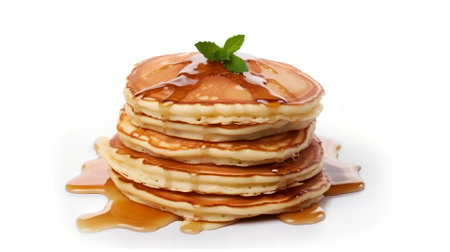 Stack of pancakes with maple syrup and mint on white background, isolatedの素材