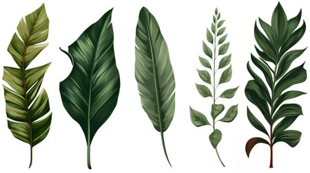 Set of tropical leaves isolated on white background. Hand drawn vector illustration.の素材