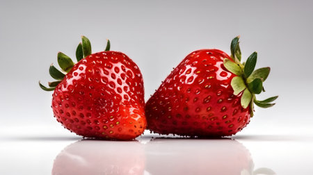 Strawberries isolated on white background with reflection and copyspaceの素材