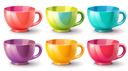 Colorful cups set isolated on white background. Realistic vector illustration.の素材