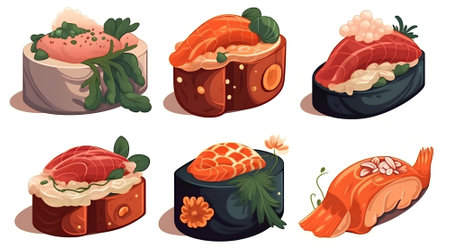 Japanese food set of sushi and rolls. Vector illustration in cartoon style.の素材