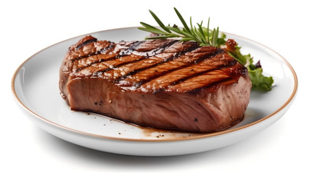 Grilled steak with rosemary on white plate, isolated on whiteの素材