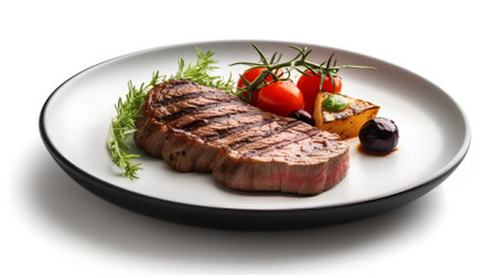 Grilled steak with vegetables on white plate isolated on white background.の素材