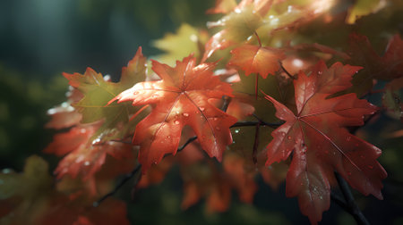 Autumn maple leaves with water droplets in the morning sun.の素材