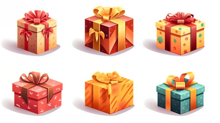 Set of gift boxes with ribbons and bows. Vector illustration.の素材