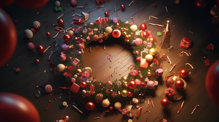 Christmas wreath on a wooden table with candies and decorations. 3d renderingの素材