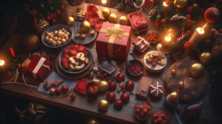 Christmas still life with gifts, candles, candies and sweets on wooden backgroundの素材