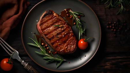 Grilled beef steak with rosemary and cherry tomatoes on a dark wooden backgroundの素材