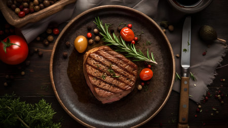 Grilled beef steak with rosemary, tomatoes and spices on wooden backgroundの素材