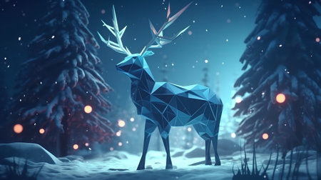 3D rendering of a reindeer in a snowy forest.の素材