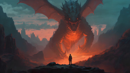 Fantasy alien planet. 3D illustration. Fantasy landscape with dragon.の素材