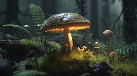 Mushroom in the forest with moss and ferns.の素材