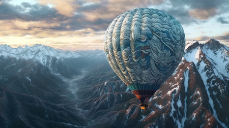 Hot air balloon in the sky over the mountains. 3d illustrationの素材