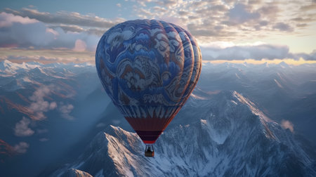 Hot air balloon flying over the mountains. 3d render illustration.の素材