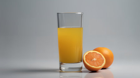 Glass of fresh orange juice on grey background. 3d illustration.の素材
