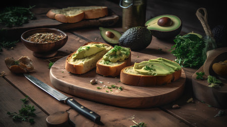 Avocado toast on a rustic wooden board. Healthy breakfast.の素材