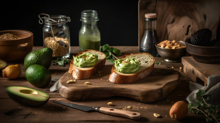 Sandwiches with guacamole and avocado on wooden boardの素材