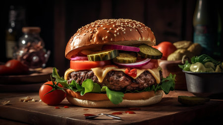 Cheese burger with beef patty and fresh vegetables on wooden backgroundの素材